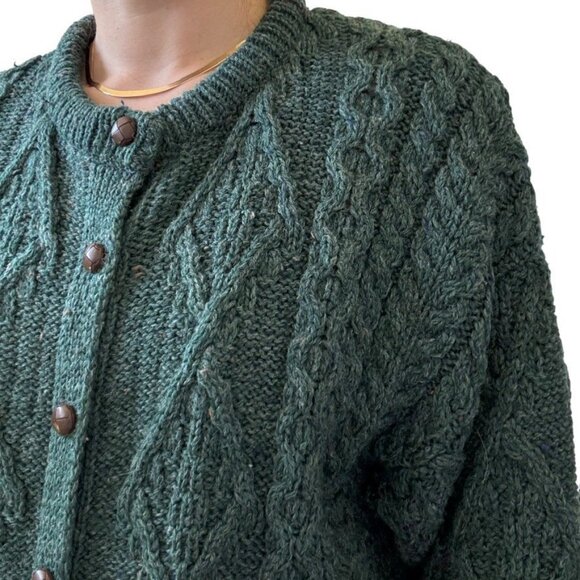 Vintage Womens Emerald Green 100% Wool Irish Fisherman Chunky Cardigan Sz M - Picture 6 of 7
